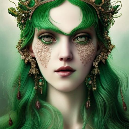 Green-Haired Goddess Portrait in Hyperdetailed Digital Art