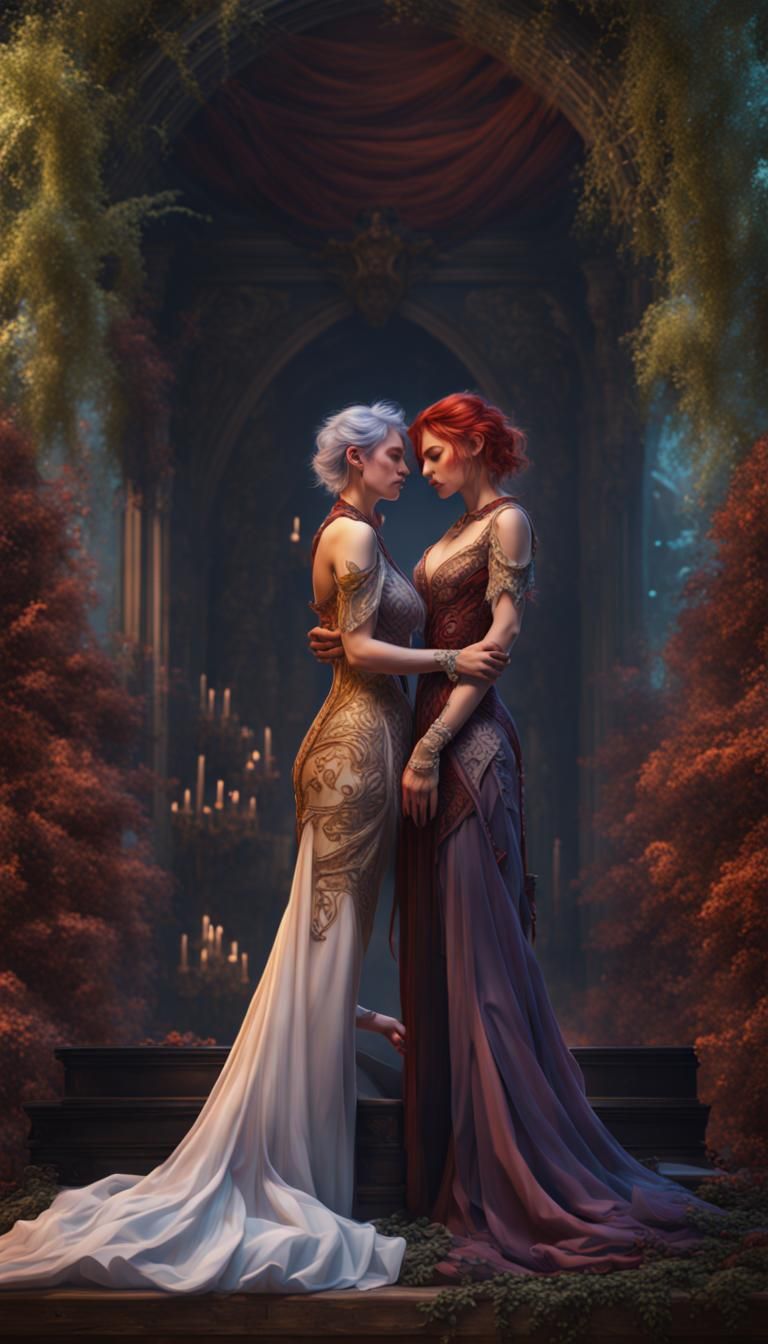 Intimate Lesbian Couple in Detailed Matte Painting