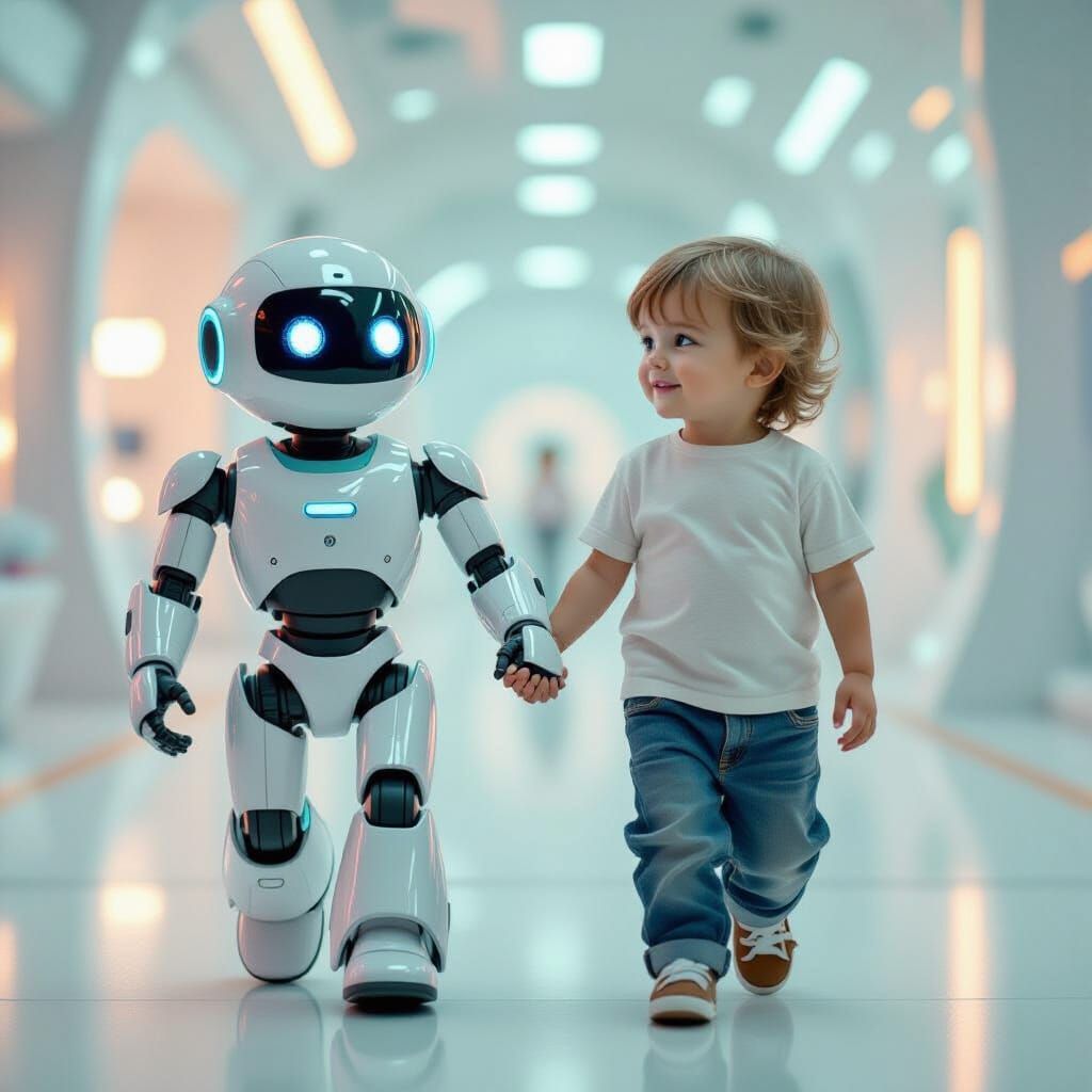 Child and Robot Walking in Futuristic Style