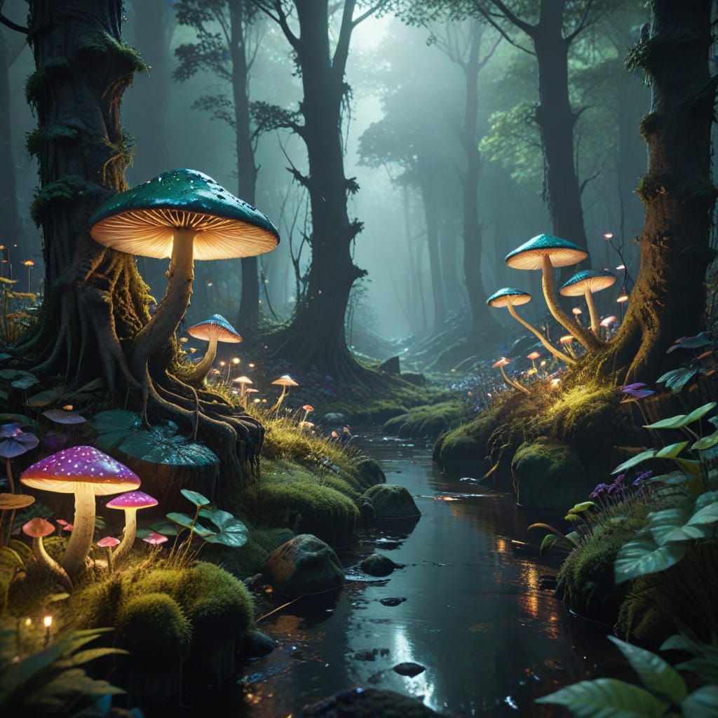 Ethereal Forest of Glowing Mushrooms in Unreal Engine Style