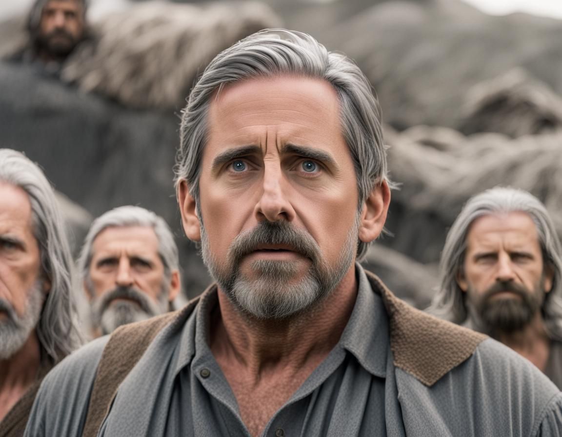 Steve Carell as Noah long grey hair and beard, building the Ark - AI ...