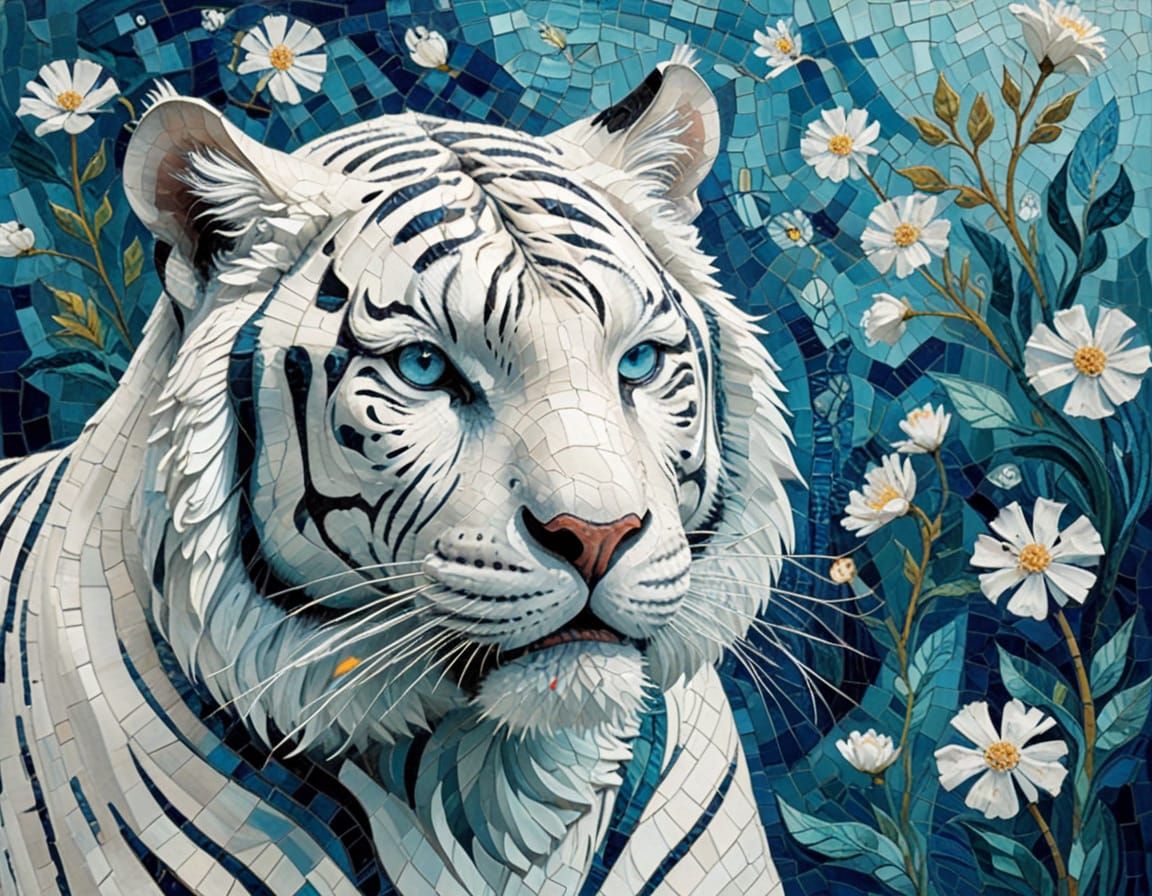 (white tiger:1.5), Vincent Van Gogh and Salvador Dali, deep blue and turquoise dominant, fine-tuned mosaic ...  by @Heilen_Of_Pole_Nord