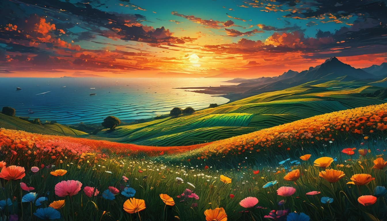 Vast empty flowery fields enchanted by a vast sunset sky, the fields and sea, fantasy art, digital art, ...  by @AutumnBear