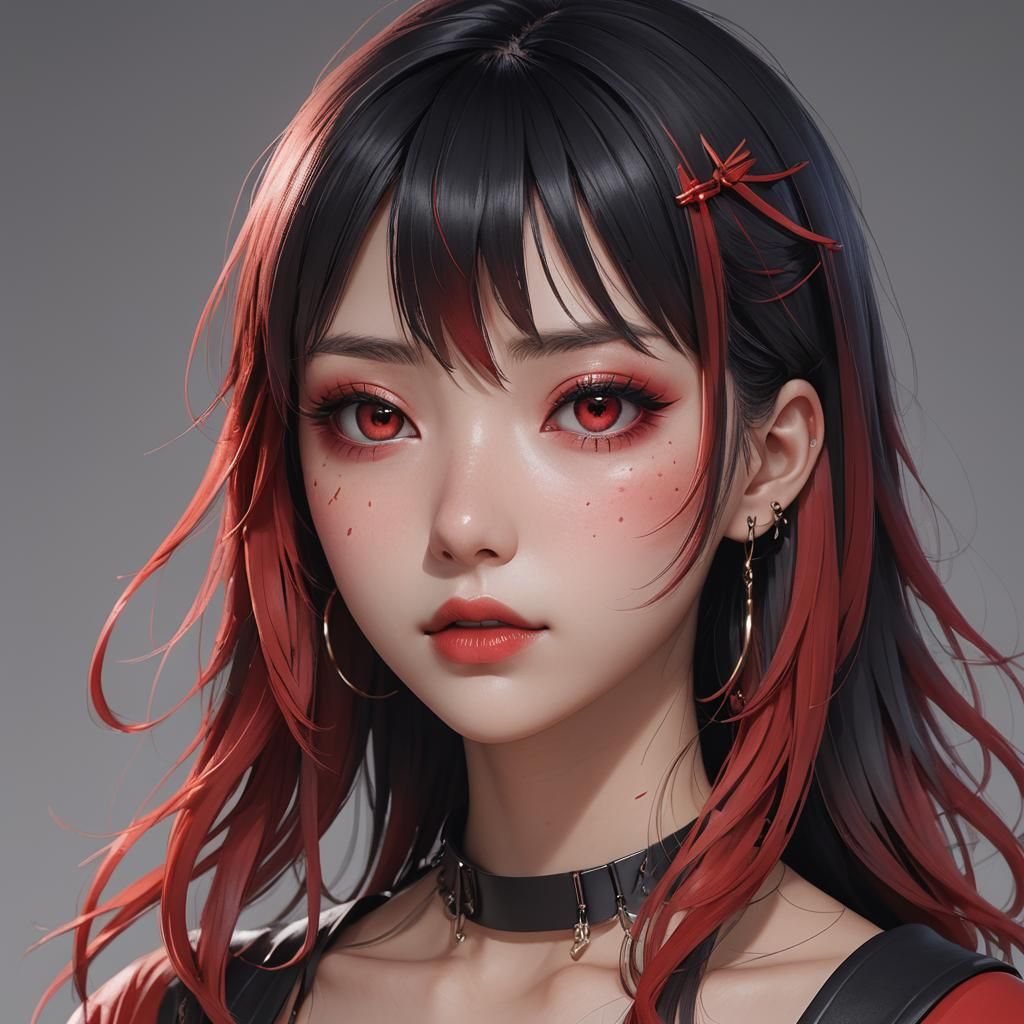girl, black and red gradient hair, bangs, nose ring, lip rin...