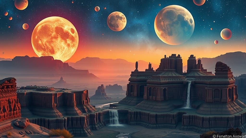 Alien Landscape with Mesas, Buttes, Mountains, and Waterfalls, fire Kandinsky, long exposure dye-transfer, Polycount concept art, aetherpunk...