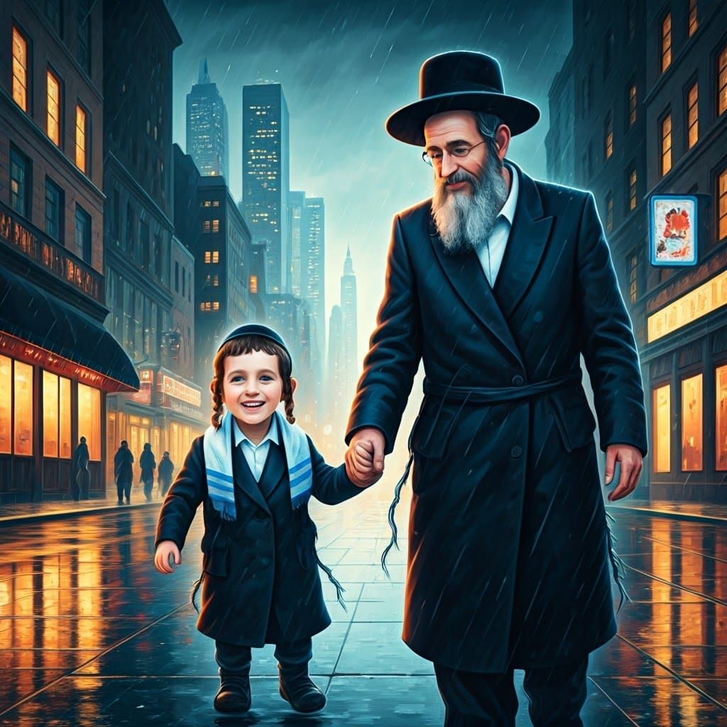 Joyful Hasidic Boy and Father Walk Through Rainy City Street...
