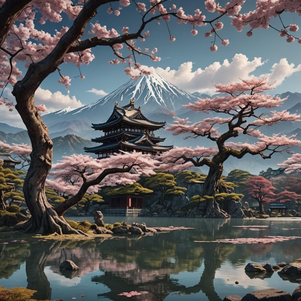 A beautiful ancient sakura tree in front of a lake. Mountain...