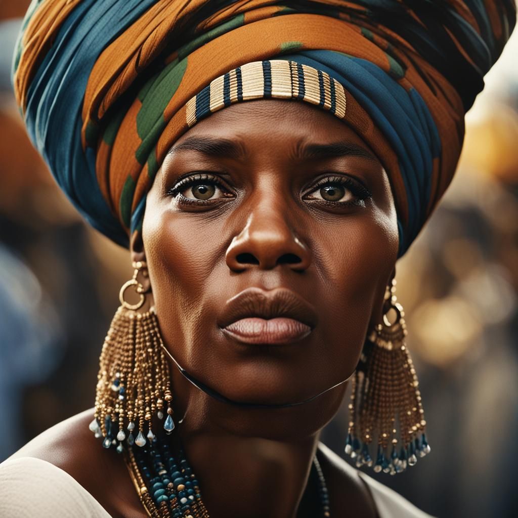 Close up beauty shot of a black woman; wearing an African tu...