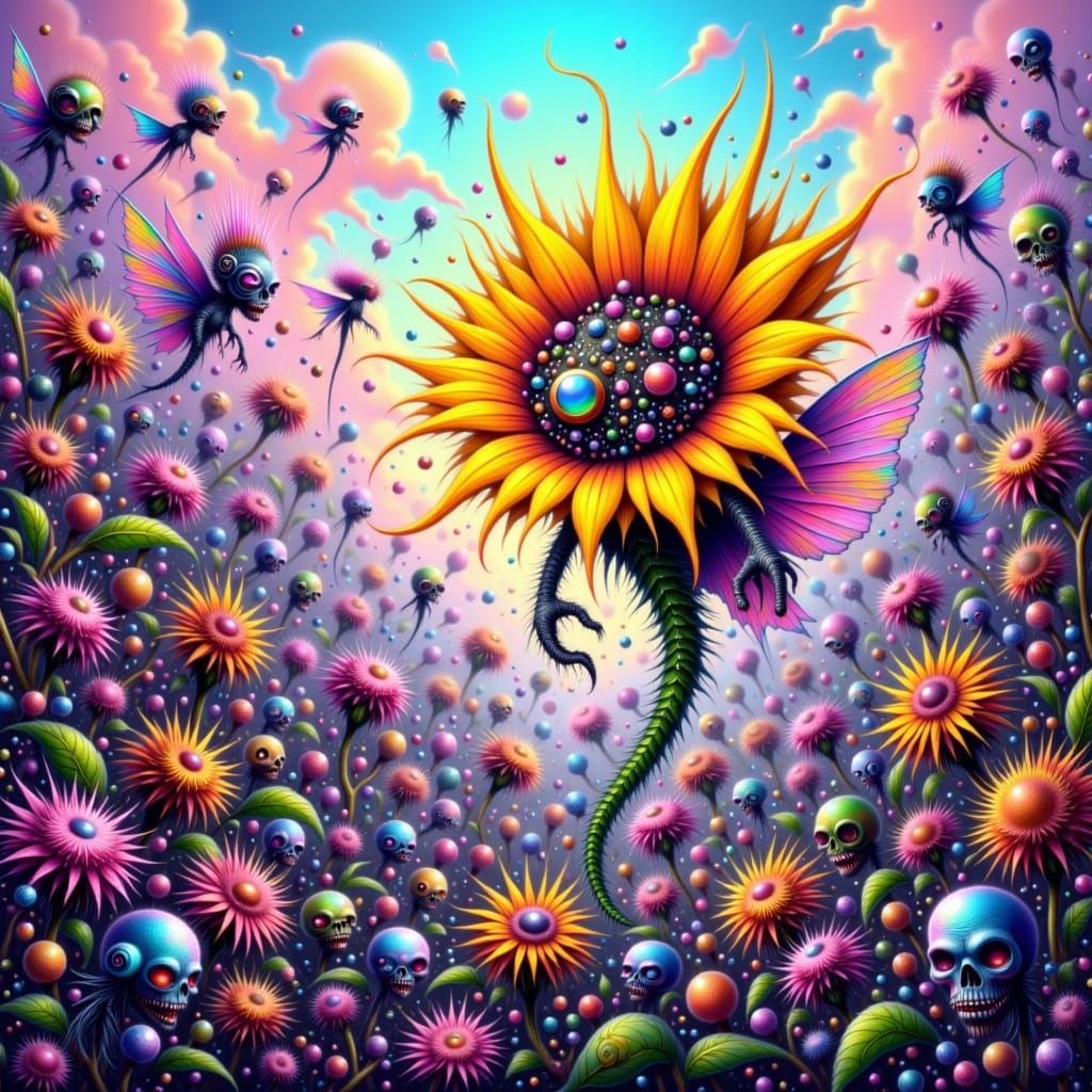 Crazed Superhero Battle Sunflower taking out zombies in "Plants vs Zombies"
<lora:Critter-Creatures:1.0>