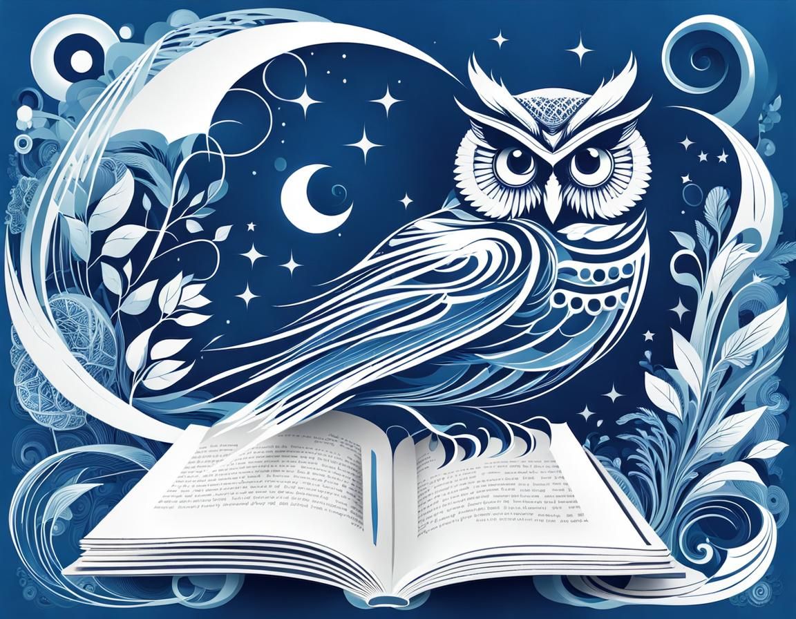 "(cyanotype printing), steampunk owl reading a book