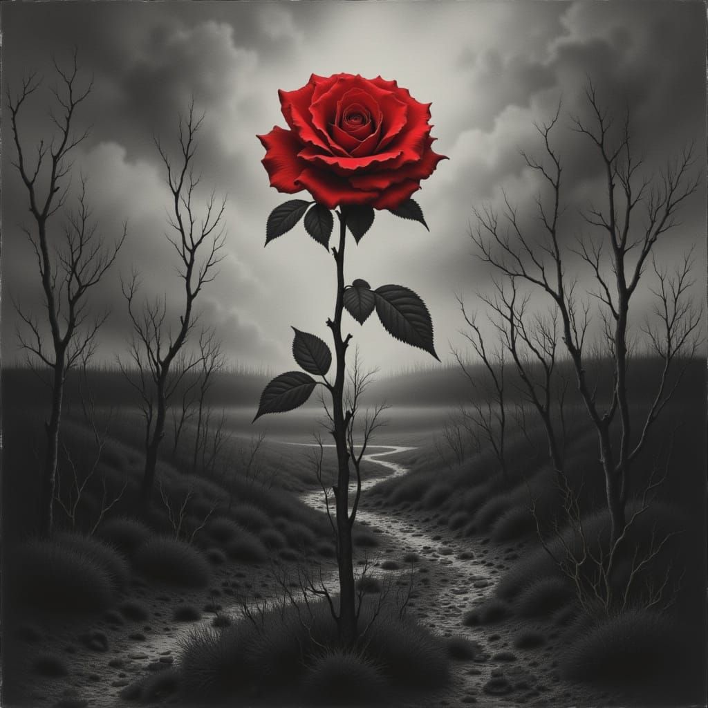 <lora:Hints of Red Gold:1.0> A red rose stands out as his  emotion against the graphite grayscale of forced identity ,