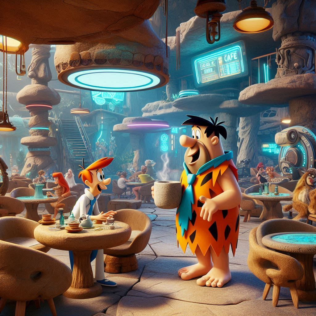 Fred Flintstone and George Jetson enjoying a coffee together
