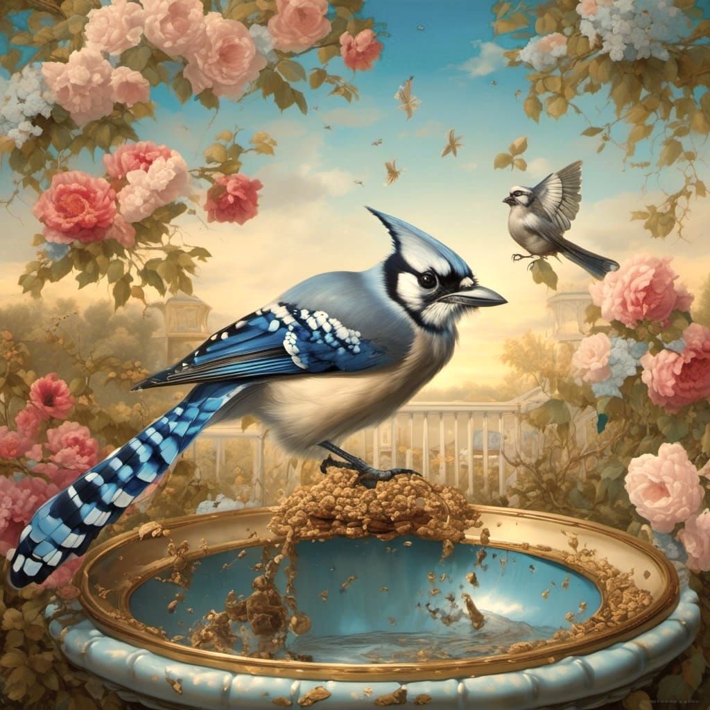 A blue jay having a rest and a drink—who can blame him?