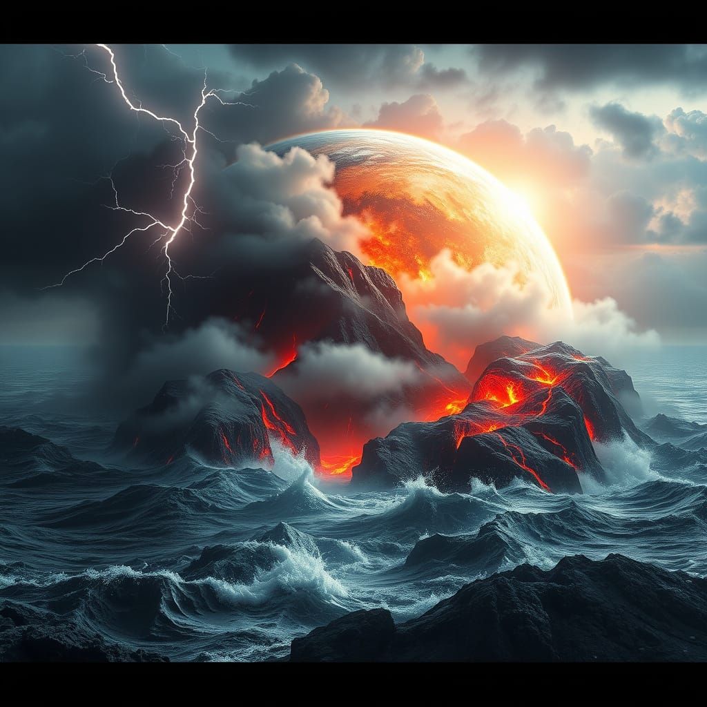 3D digital image with double exposure. Close-up: Primordial, cooling planet Earth. The primordial ocean, ...  by @Sola Ronki