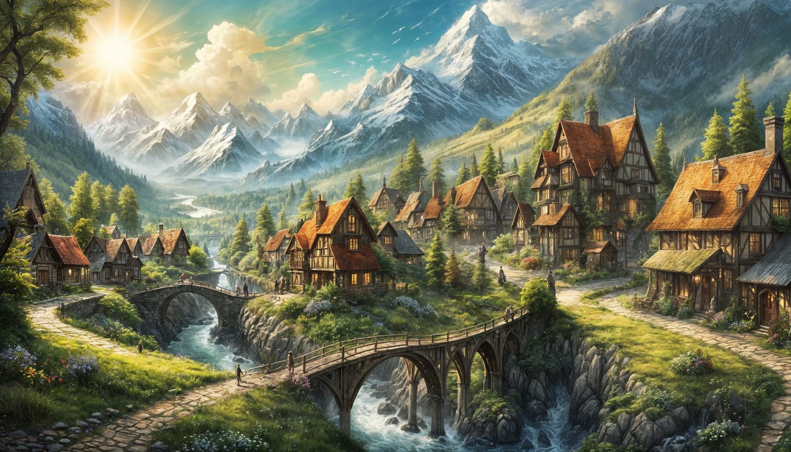 A beautiful, detailed panoramic view of a 1800s fantasy-style country village, some with large cabins, ...  by @Itzla