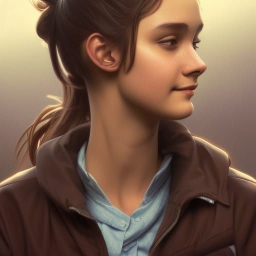 a teenage girl with eyes, brown, brown hair in a ponytail, s...