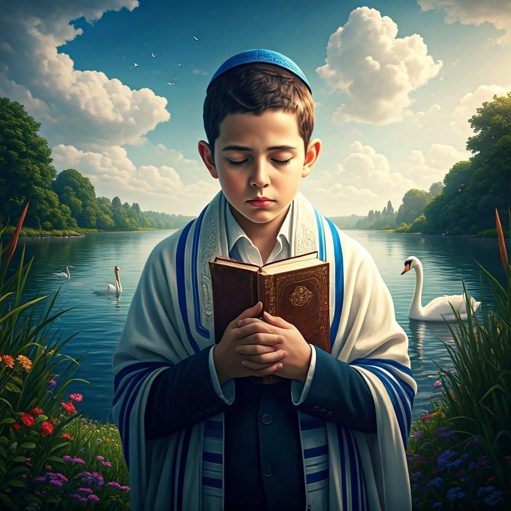Orthodox Boy Prays Beside Serene Lake