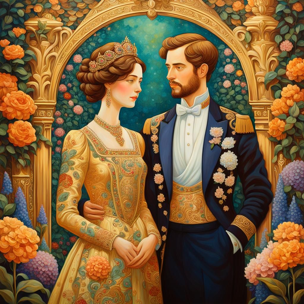 Royal Couple in Floral Garden, Art Nouveau Oil Painting
