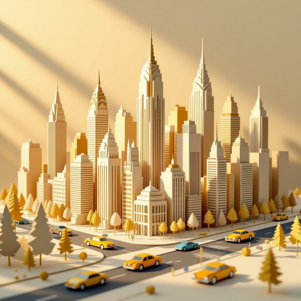 Paper Worlds. A bustling Art Deco metropolis constructed from meticulously cut and layered cardstock, with geometric skyscrapers and stylize...