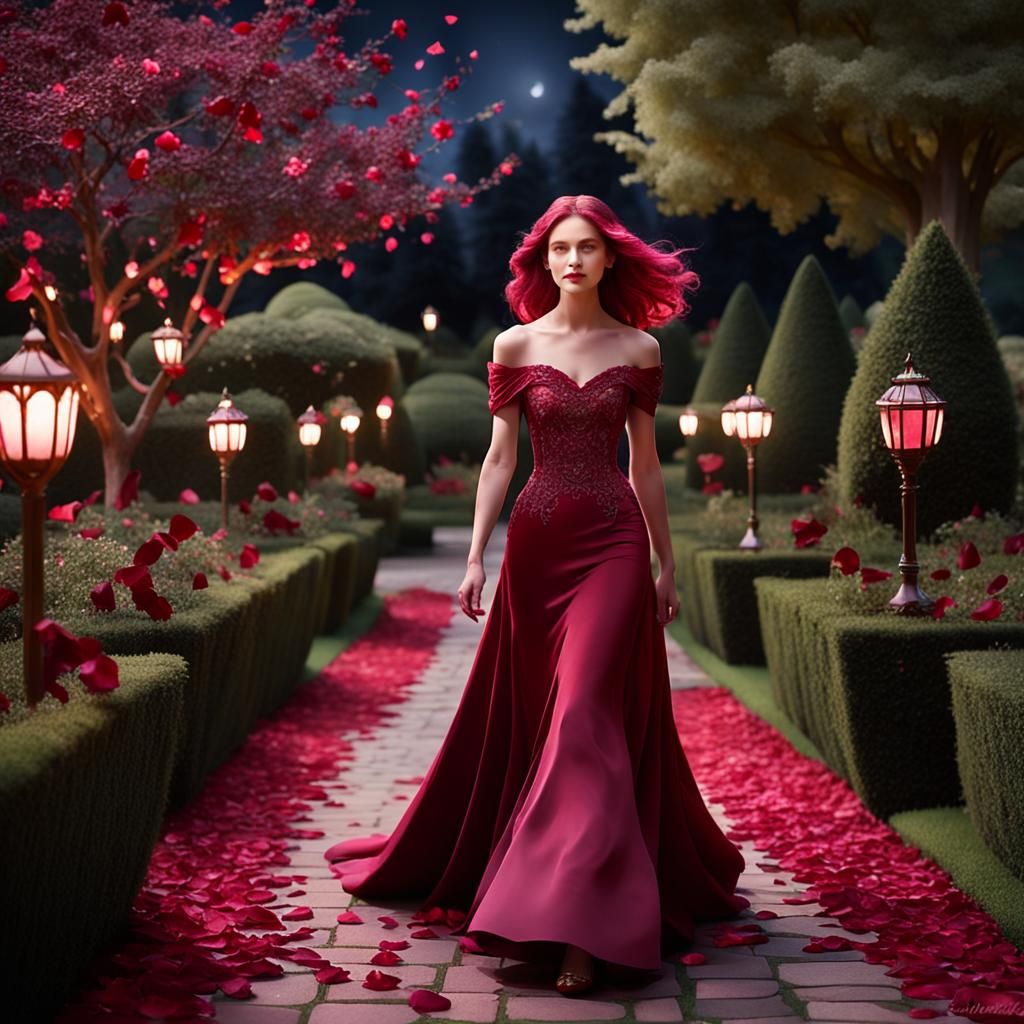 With hair the color of crimson and a gown of rose petals she...