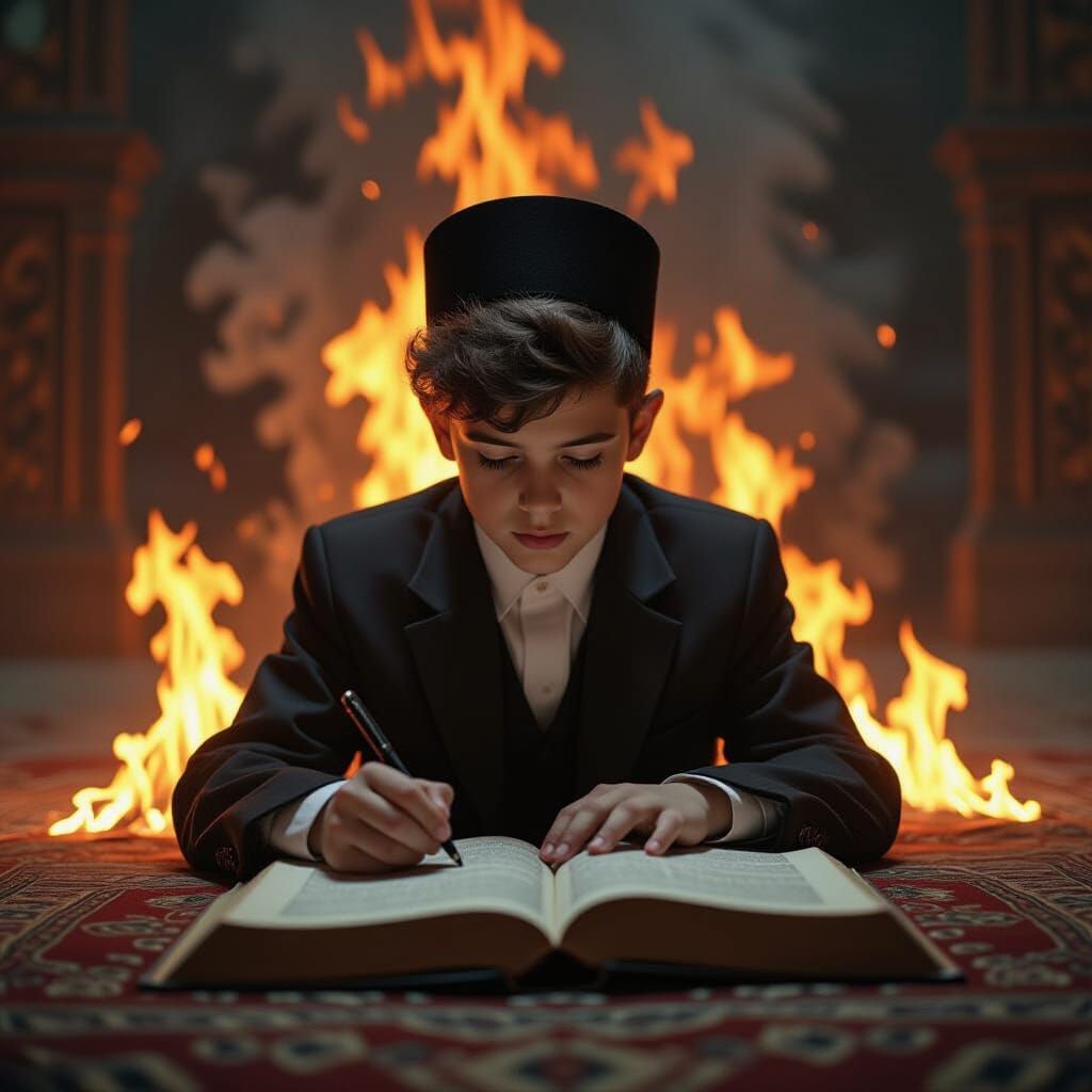 Mystical Boy Studying in Flames, Surreal Art