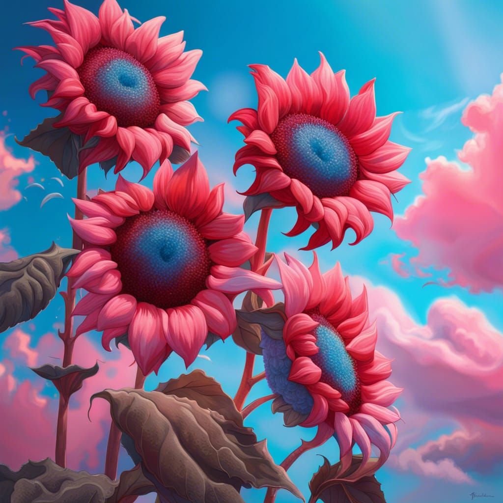 Red Sunflowers under a cotton candy sky of blue and pink
