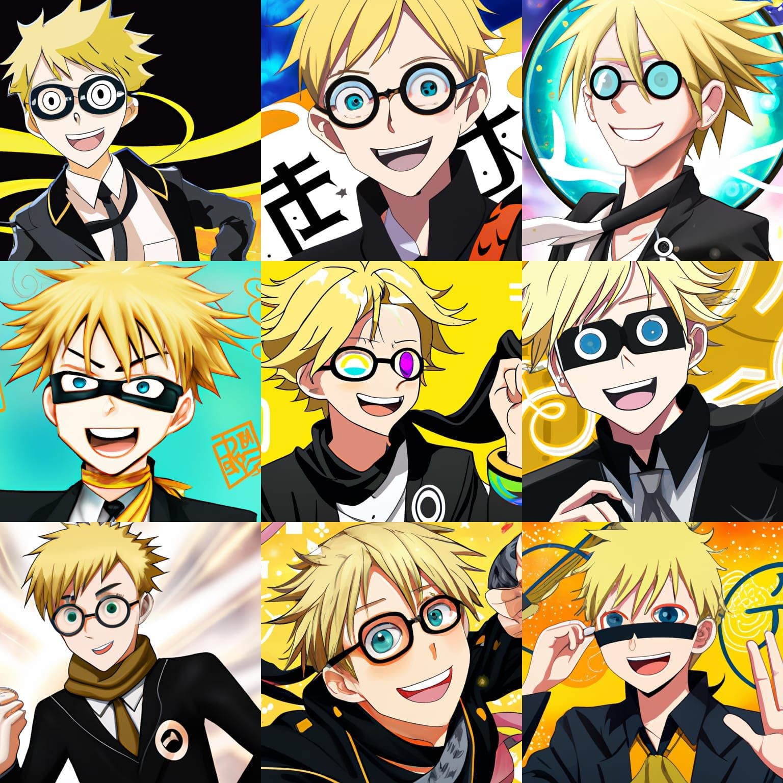 A 30 year old male anime character with short blonde hair has a happy  face wears black square glasses wears a black suit and has the Naru   AI Generated Artwork  NightCafe Creator