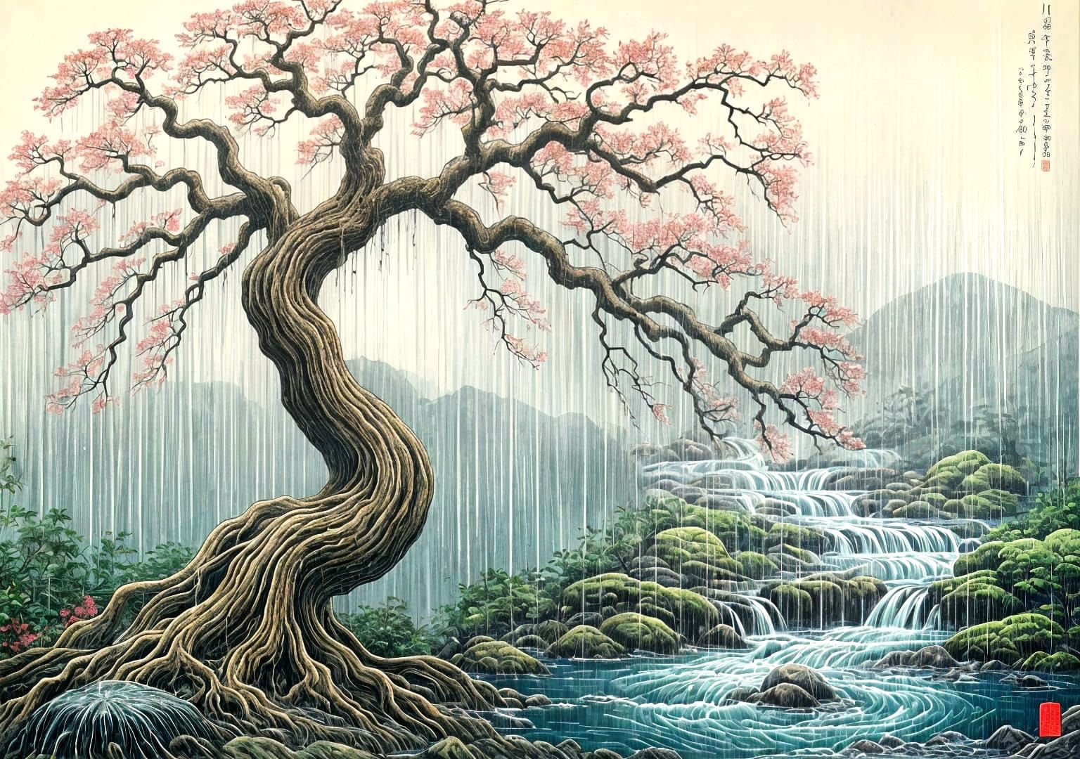Japanese painting of a gnarled tree by the cascading stream in the rain with Japanese traditions art, ...  by @Julie