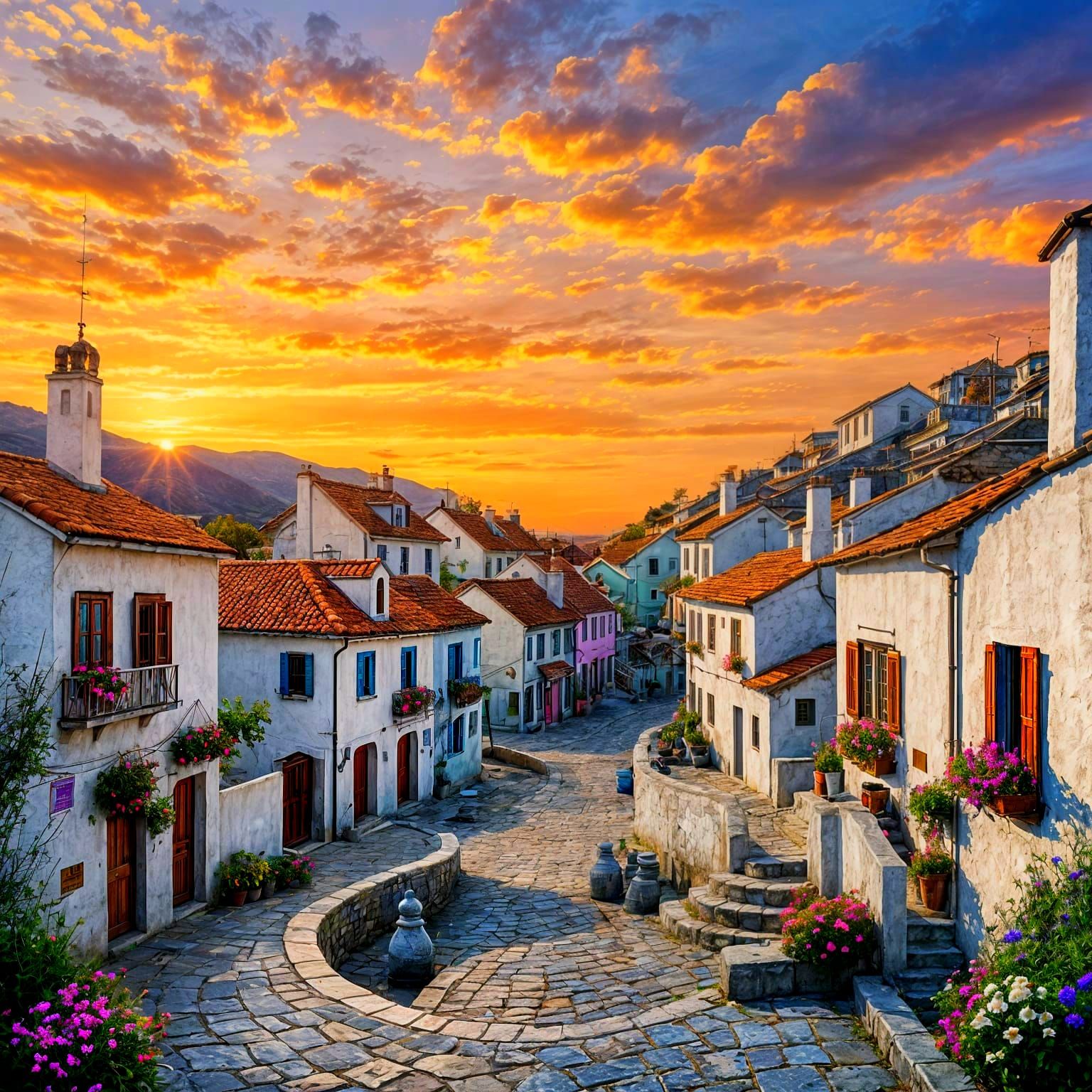 Whitewashed Village Sunrise