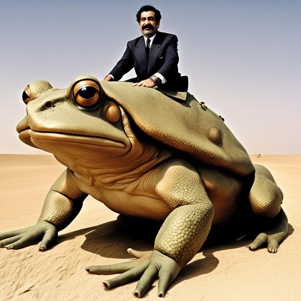 Saddam Hussain riding a giant toad