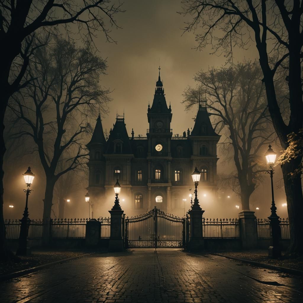 Haunted House on Andrássy street Budapest, night eerie foggy, spooky vibe  by @GalaxyCube