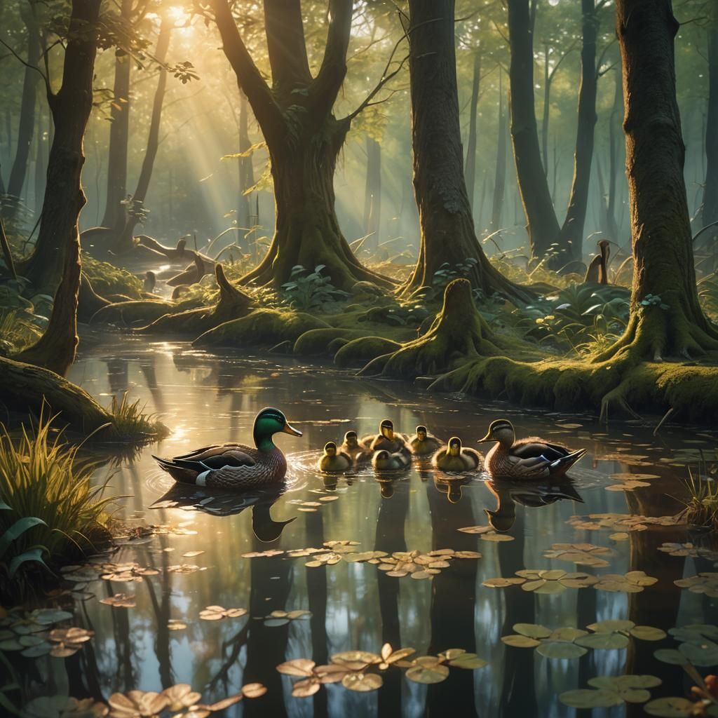 Duck Feeding Ducklings in Sunny Forest, Art Nouveau