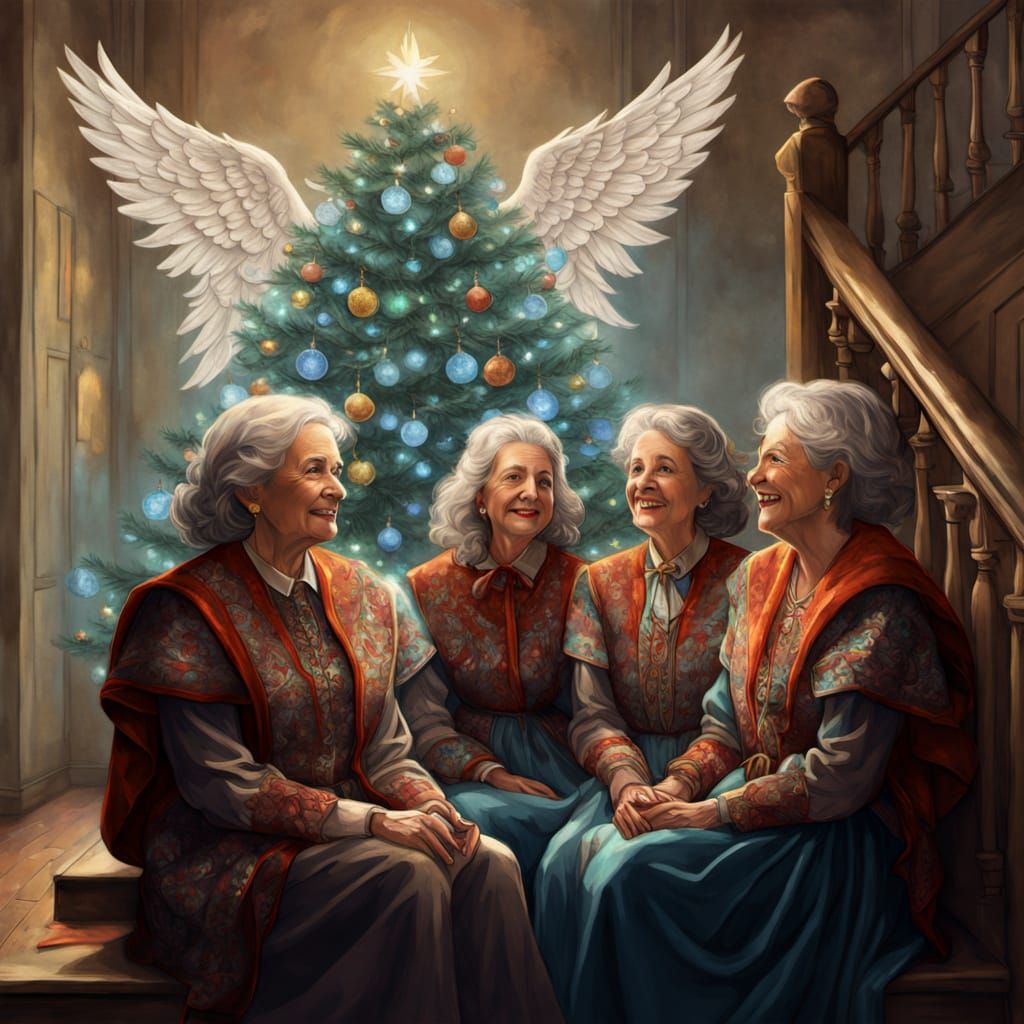 5 senior  sisters sitting on staircase in house llooking at Christmas tree with blue lights with angels watching over
