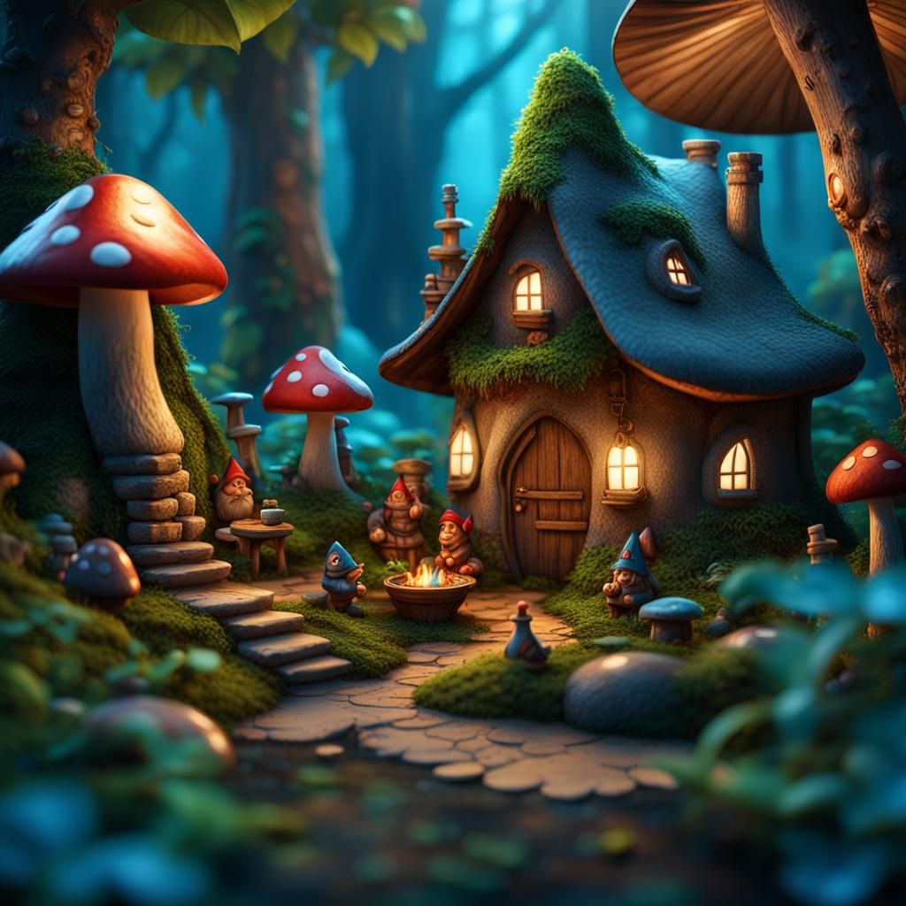 A Miniature Gnome Village Nestled In A Tropical Forest. The Houses Are 