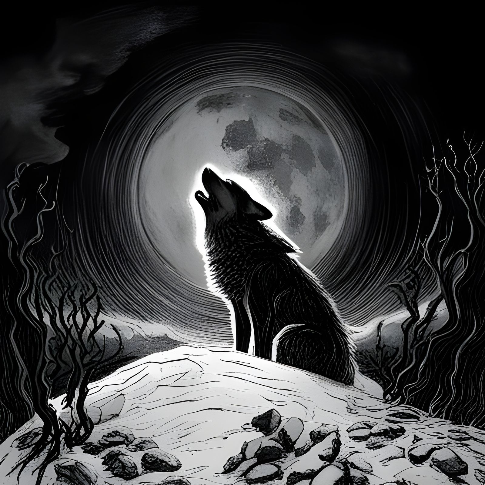 wolf howling in fullmoon