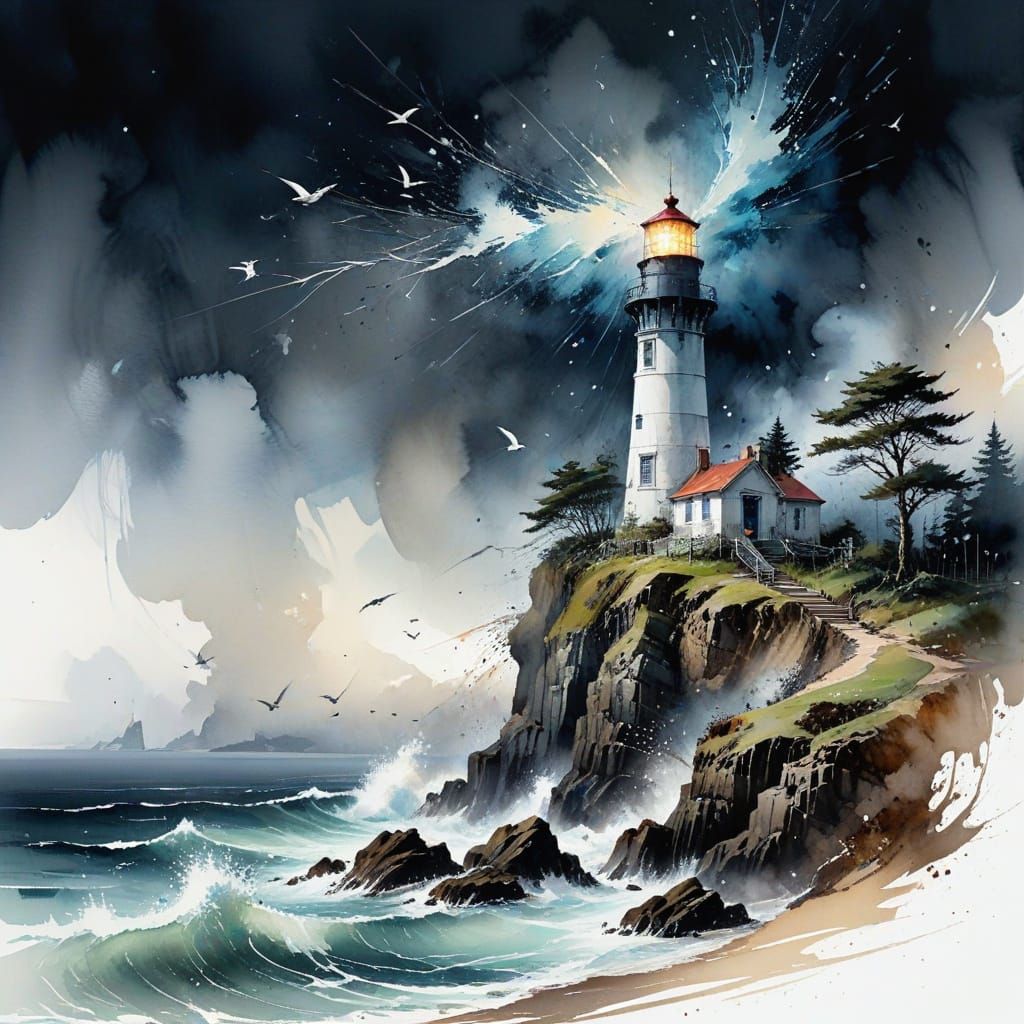 A solitary lighthouse stands tall atop a rugged, windswept cliff, its cylindrical frame crowned with a guiding beacon encircled by a narrow railing.