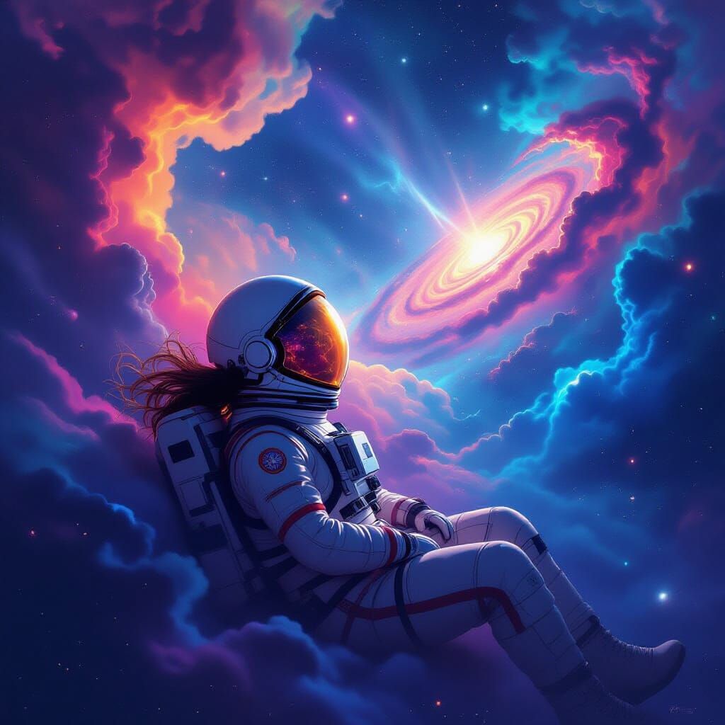 Astronaut Adrift in Colorful Nebula, Alien Galaxy Reflection
