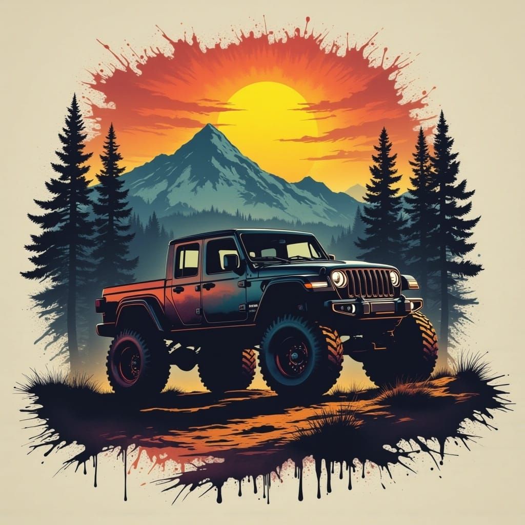 a MONSTER TRUCK Silhouette back lit exciting 4x4 trails in the mountains, inspired by Colored-Ink Blotch style art. <lora:Blotched Flux:1.0>