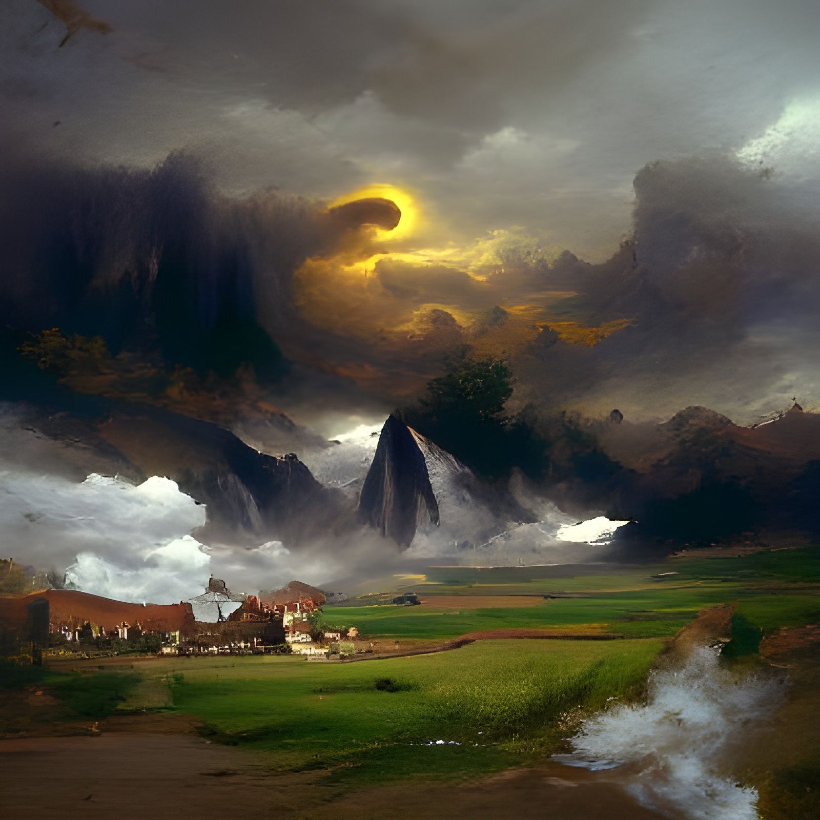 storm over a sleepy village