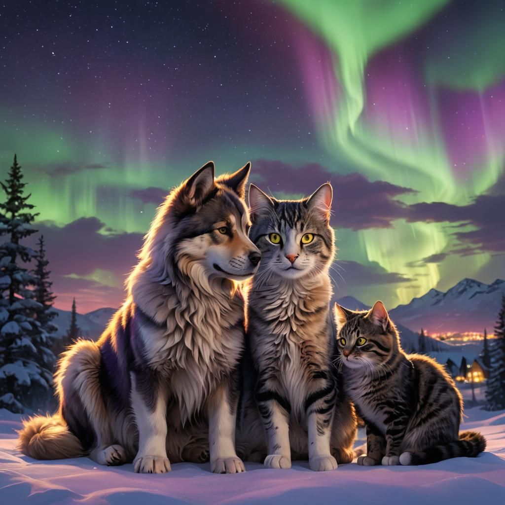 Cute dog and cats sitting next to each other with northern l...