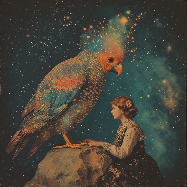 sitting alongside a large, colorful bird