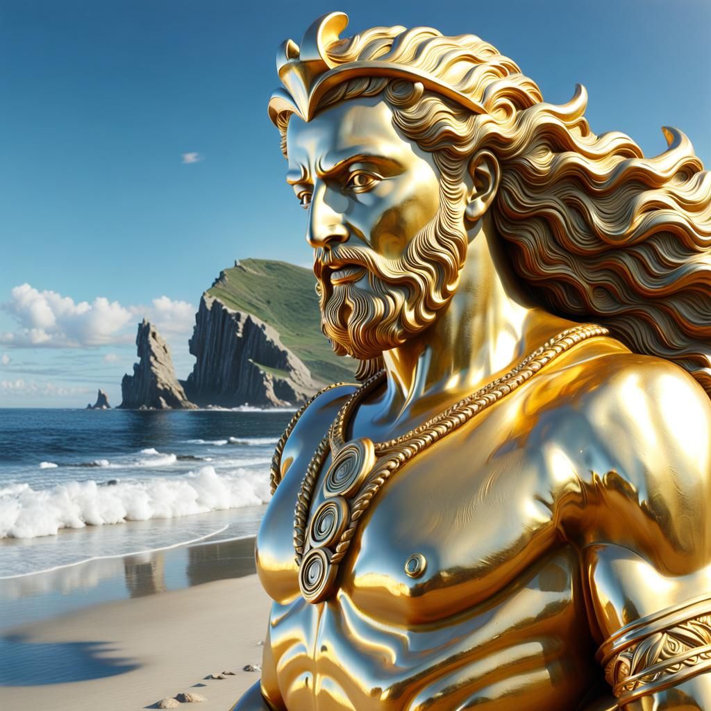 A photorealistic ancient golden Atlantean statue washed up on a beach ...