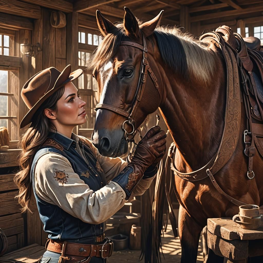 A cowgirl lovingly brushing her horse in a sunlit stable, de...