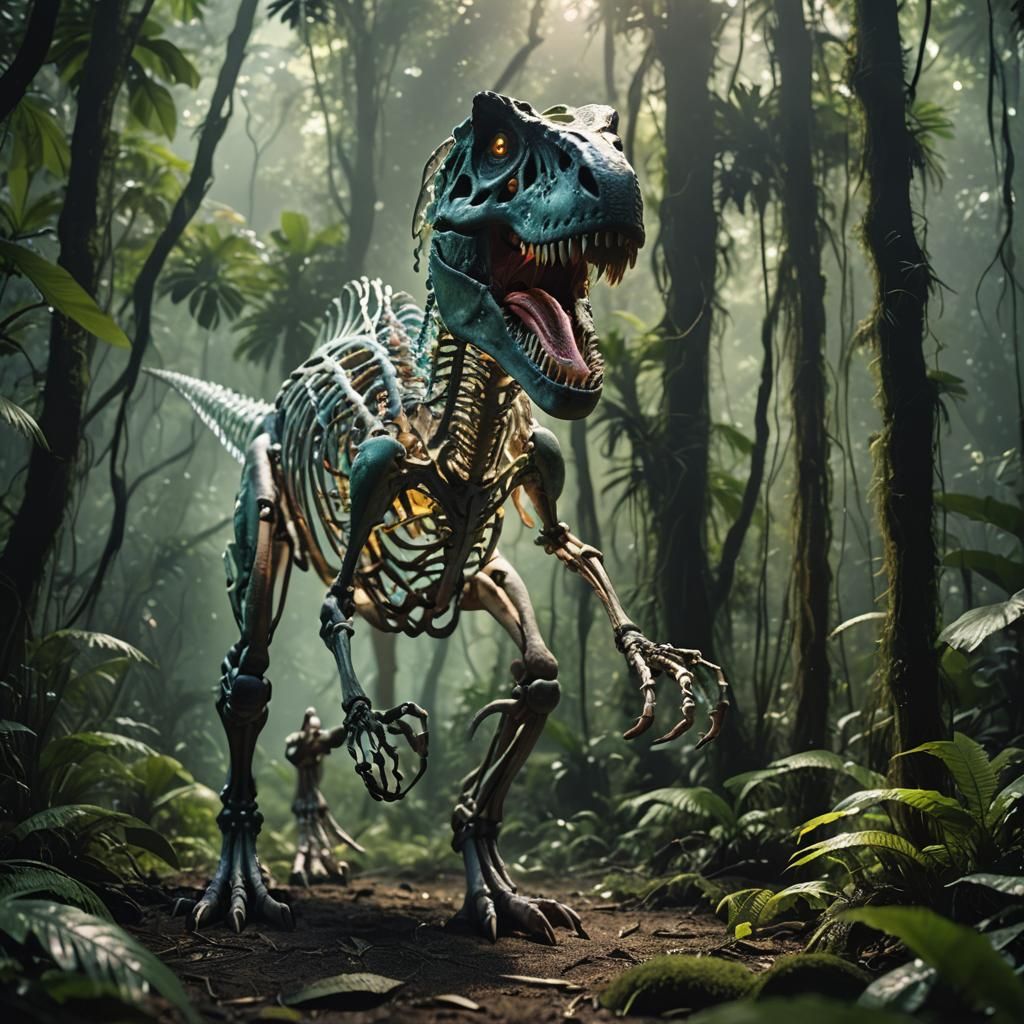 glowing bioluminescent transparent crystal skeleton of a t-r...