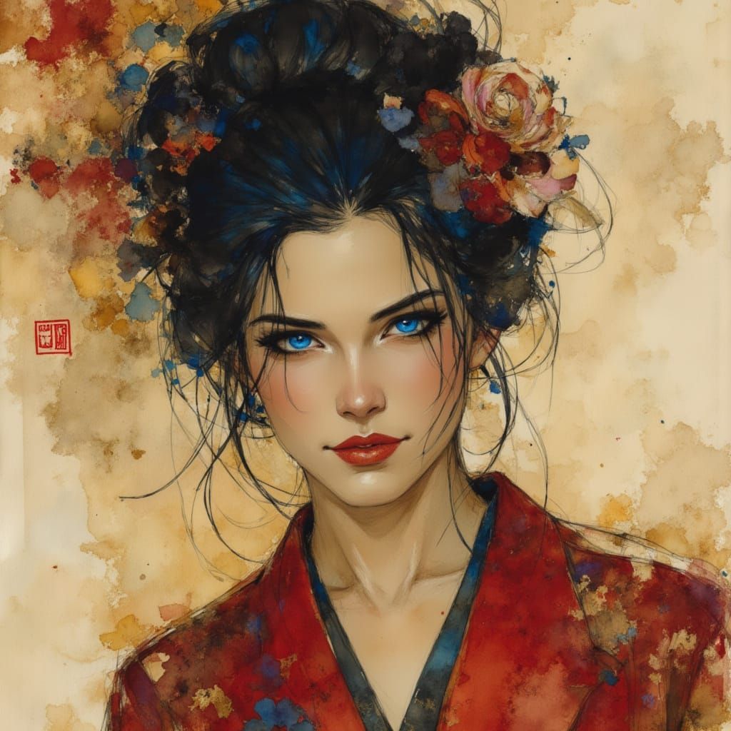 Geisha in the style of Victoria Frances and Luis Royo <lora:Earth and wash:1.0>
