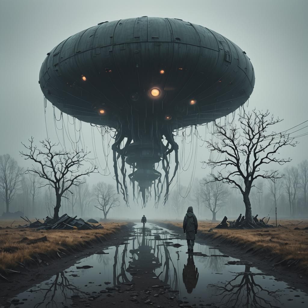 photo like " by Simon Stålenhag :: eerie misty foggy surrealistic lone landscape :: encounters with sentient ...  by @Eric Lacomblez