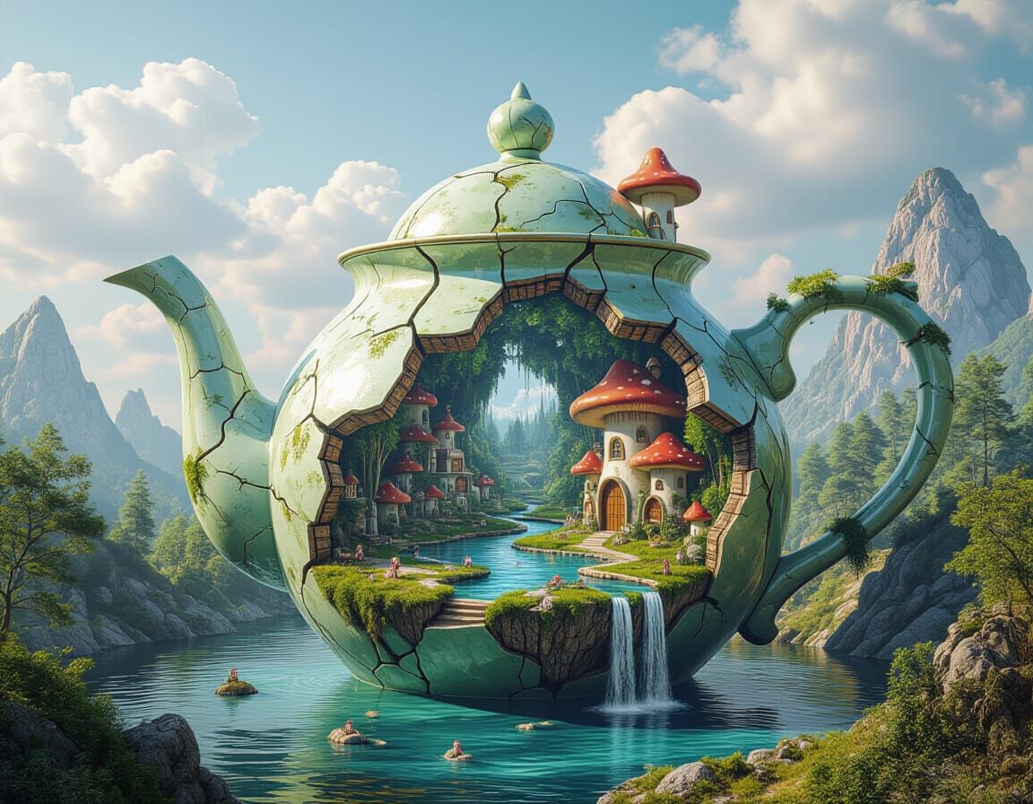 Fantasy Fairy Kingdom Inside a Colossal Broken Teapot
