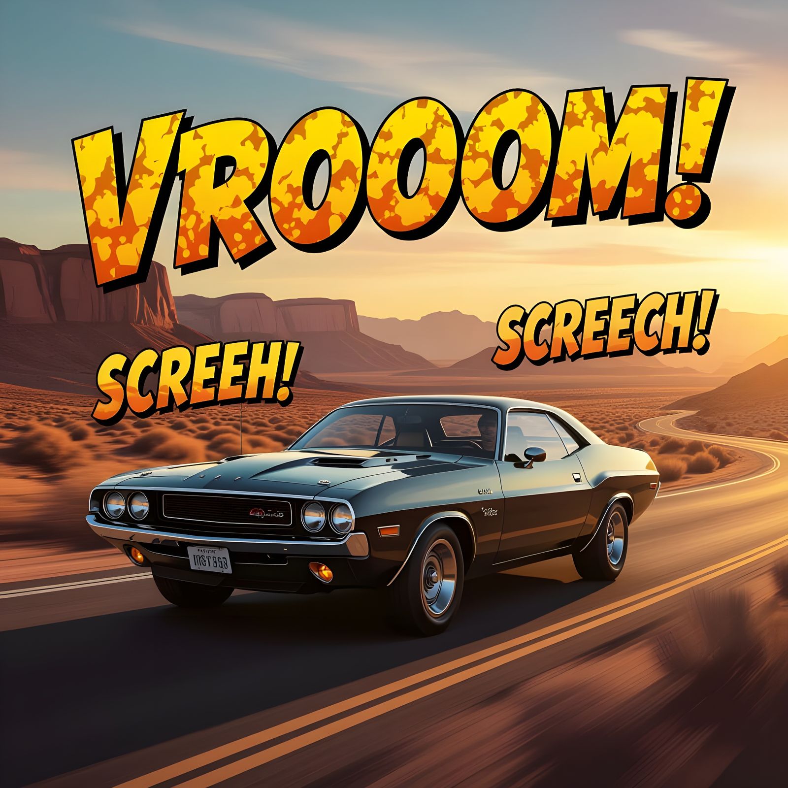Classic Muscle Cars and Landscapes in Comic Style