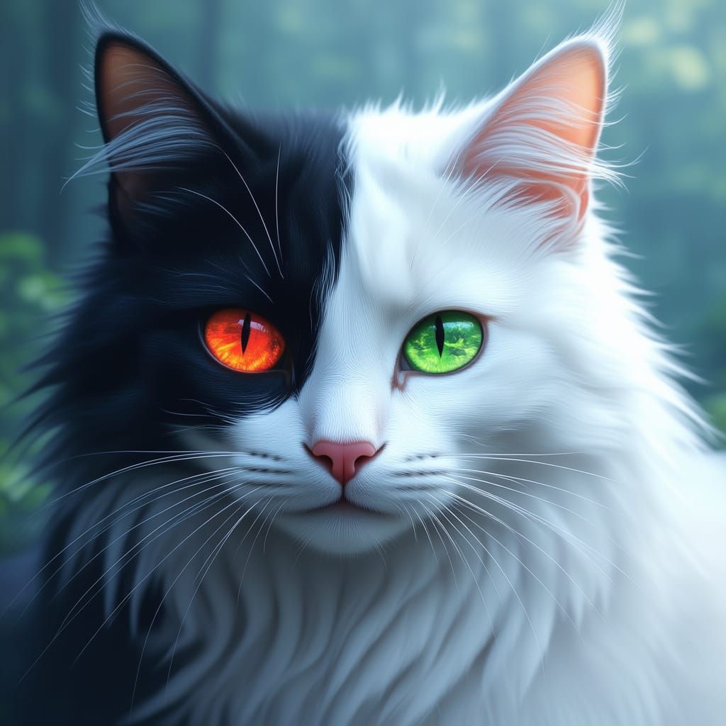 Two different paths (ying-yang cat with destructive future reflected in red eye and happy future in green eye)  by @The Canadian Clouded Leopard