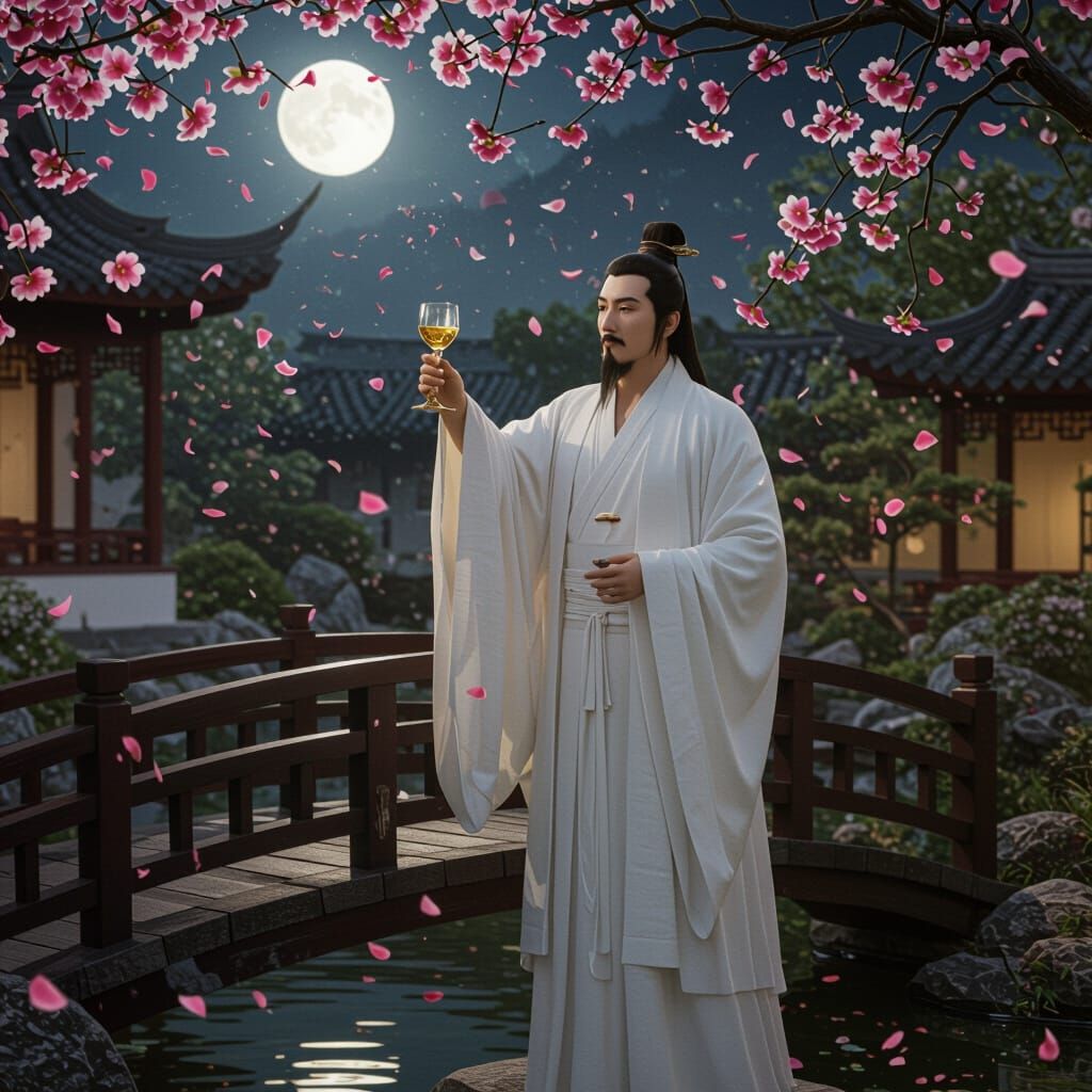 李白诗仙,身着白袍,身處古雅花园池畔曲桥上,在晧月下高举蓮杯吟诗,花辨随微风轻飘,气氛温馨,場景真人真实感